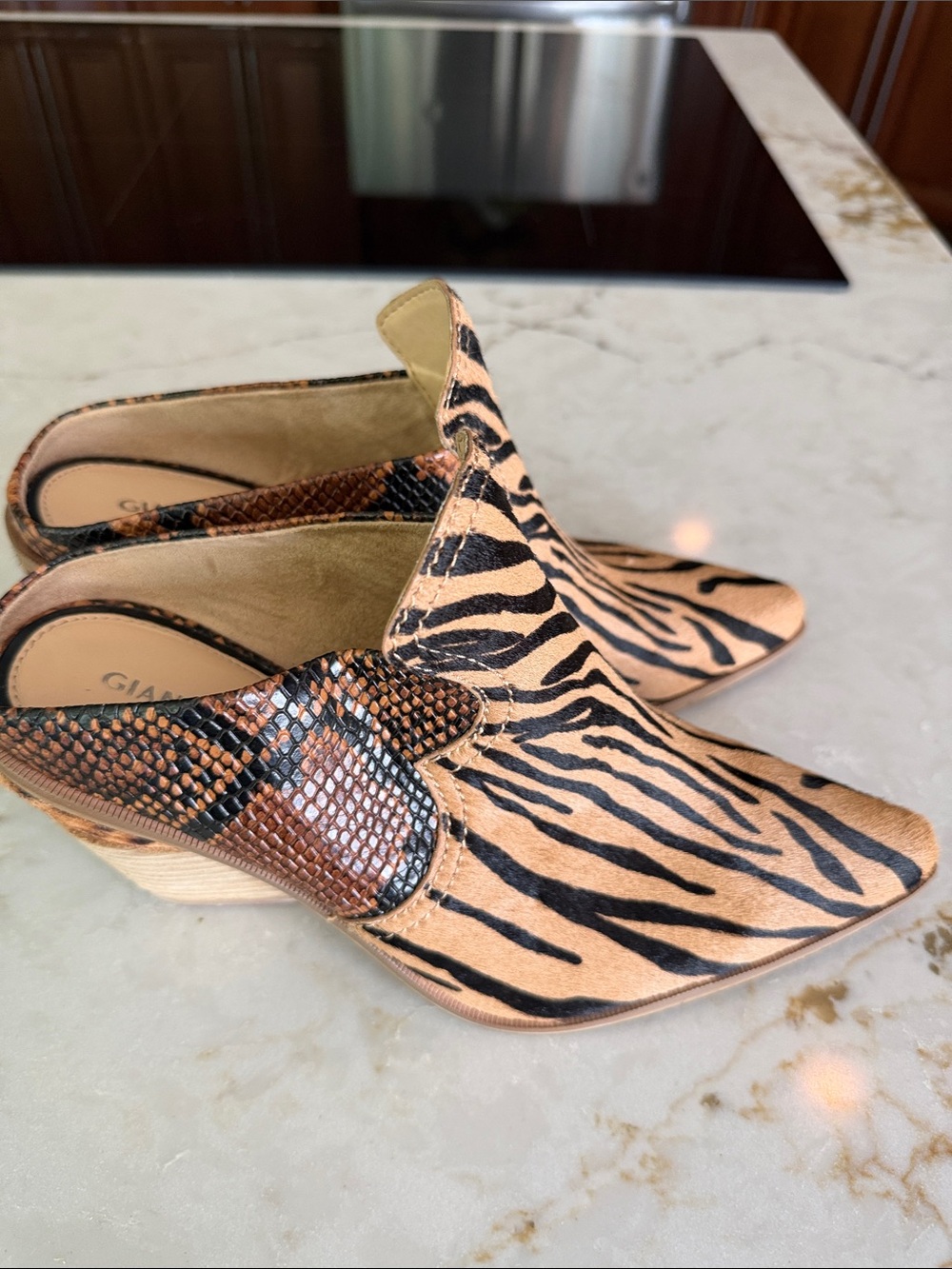 Gianni Bini Tan & Black Animal Print Pointed Mule Booties - Picture 2 of 5